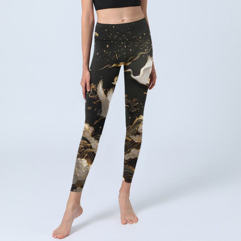 Crane Cloud Waves Pine Tree Pattern With Delicate Lines Print Gym Leggings Women's Yoga Pants