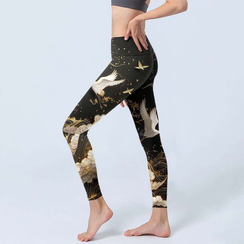Crane Cloud Waves Pine Tree Pattern With Delicate Lines Print Gym Leggings Women's Yoga Pants