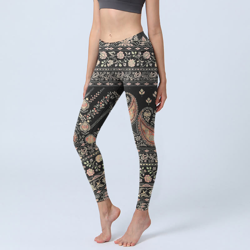 Retro Repetitive Flower Leaf Vine Pattern Print Gym Leggings Women's Yoga Pants