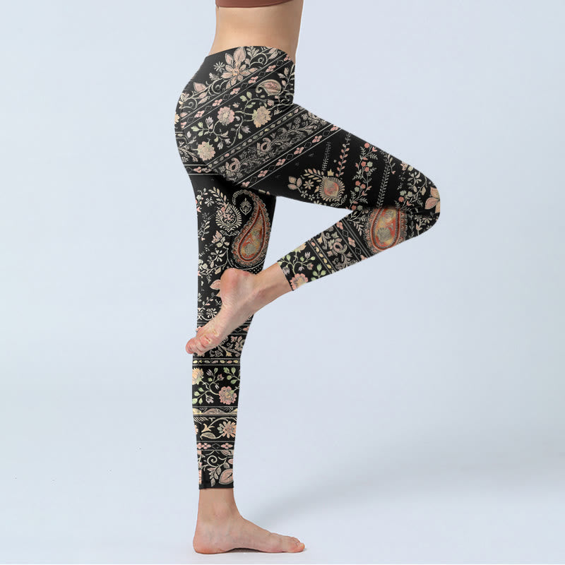 Retro Repetitive Flower Leaf Vine Pattern Print Gym Leggings Women's Yoga Pants