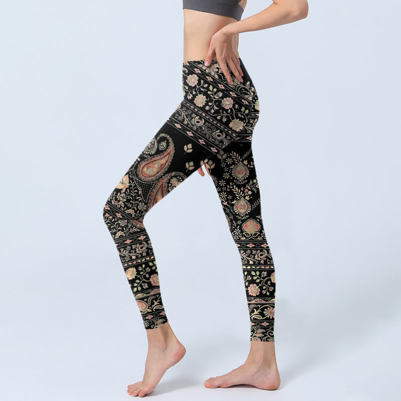 Retro Repetitive Flower Leaf Vine Pattern Print Gym Leggings Women's Yoga Pants