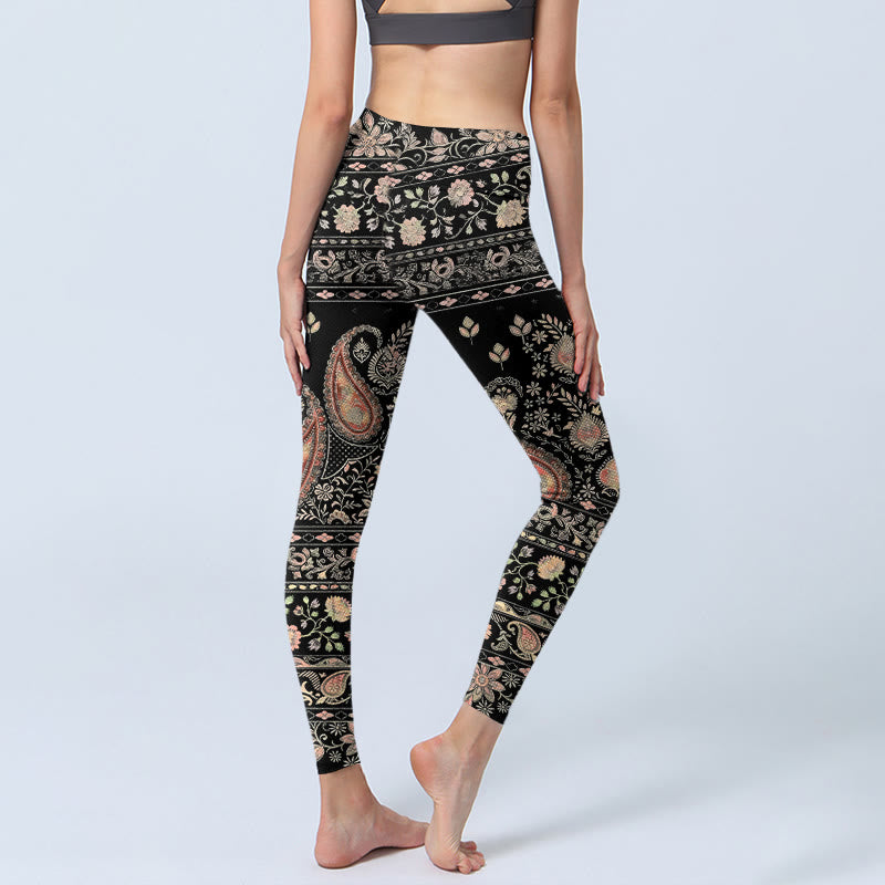 Retro Repetitive Flower Leaf Vine Pattern Print Gym Leggings Women's Yoga Pants