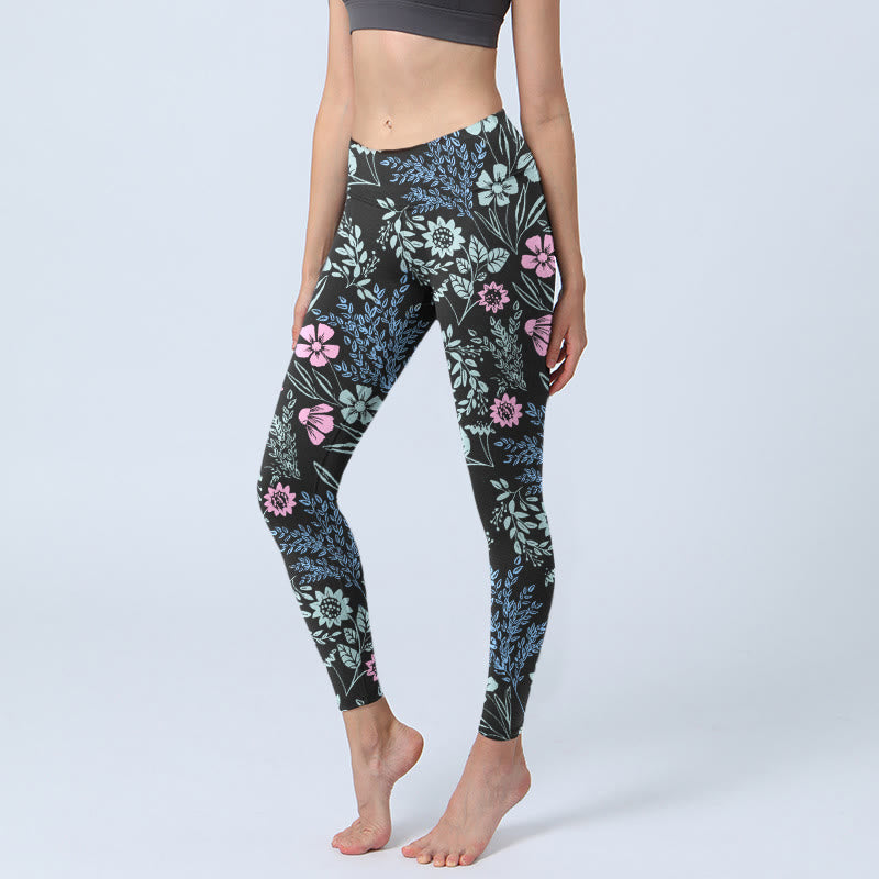 Bold Color Contrast Flower Leaf Pattern Print Gym Leggings Women's Yoga Pants