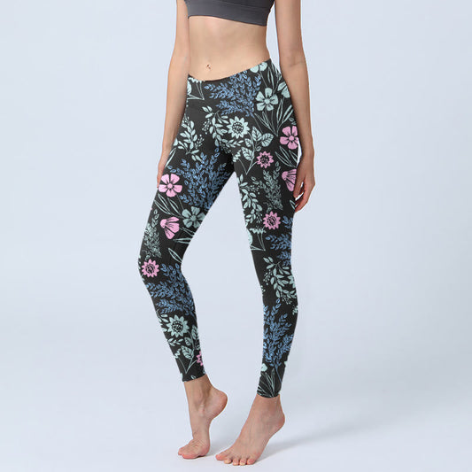 Bold Color Contrast Flower Leaf Pattern Print Gym Leggings Women's Yoga Pants