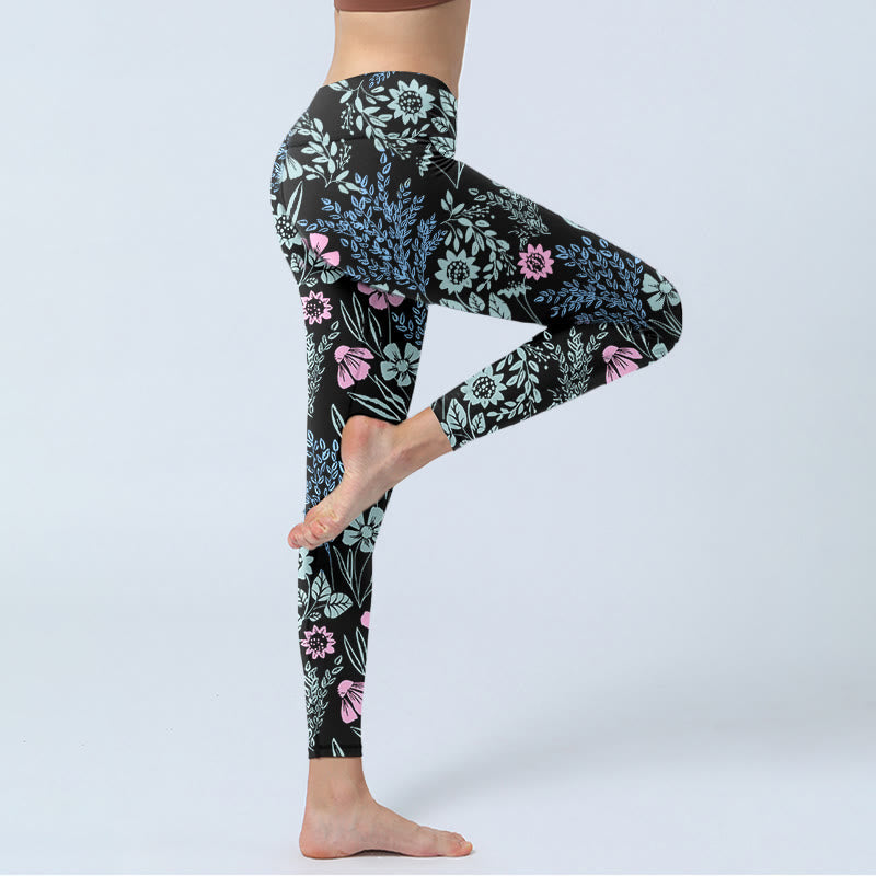 Bold Color Contrast Flower Leaf Pattern Print Gym Leggings Women's Yoga Pants