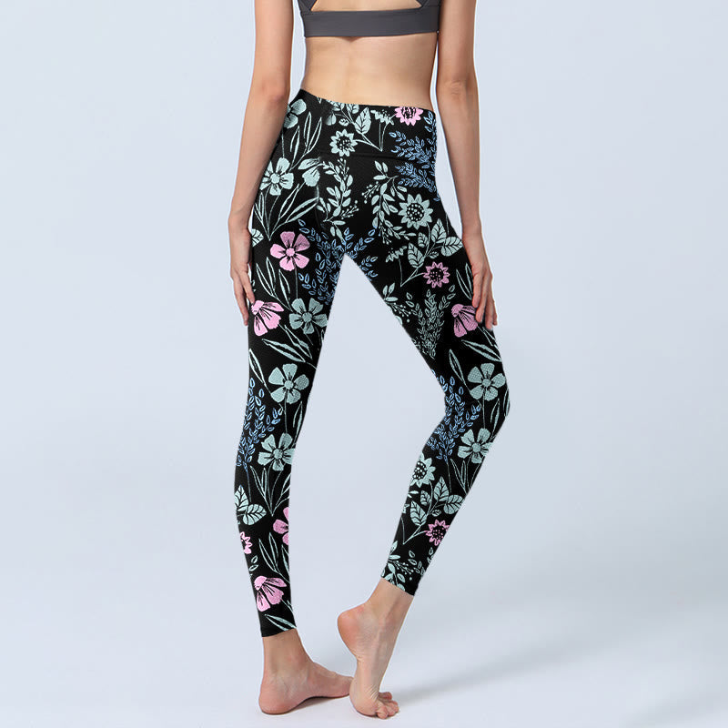 Bold Color Contrast Flower Leaf Pattern Print Gym Leggings Women's Yoga Pants