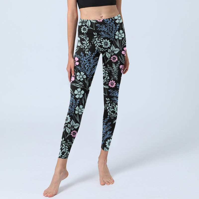 Bold Color Contrast Flower Leaf Pattern Print Gym Leggings Women's Yoga Pants