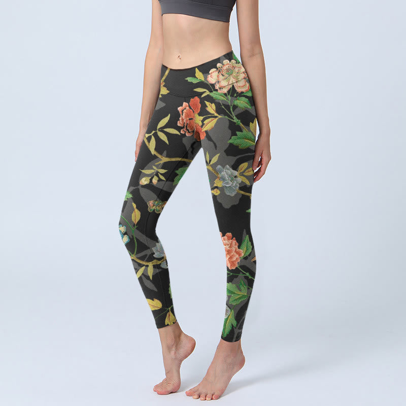 Classical Flower Leaf Butterfly Bird Pattern Print Gym Leggings Women's Yoga Pants