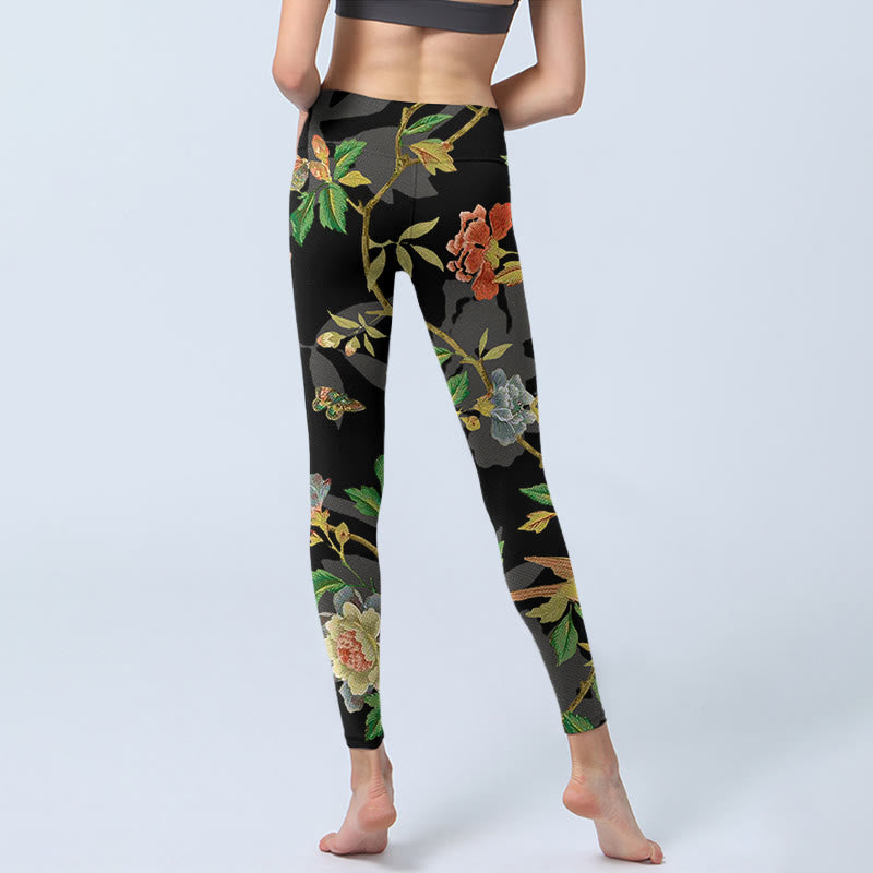 Classical Flower Leaf Butterfly Bird Pattern Print Gym Leggings Women's Yoga Pants