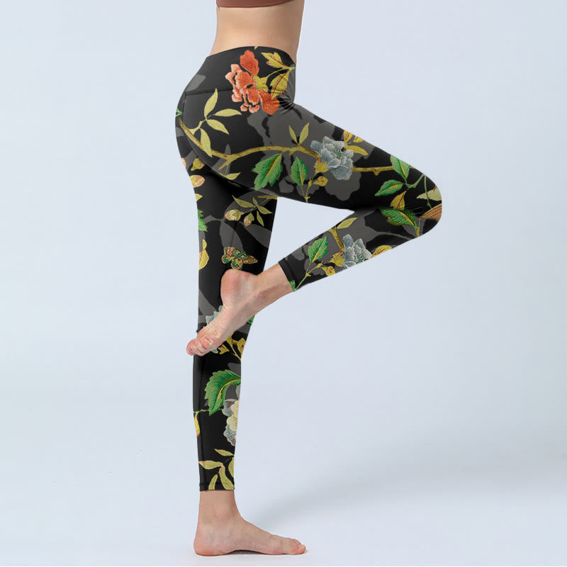 Classical Flower Leaf Butterfly Bird Pattern Print Gym Leggings Women's Yoga Pants