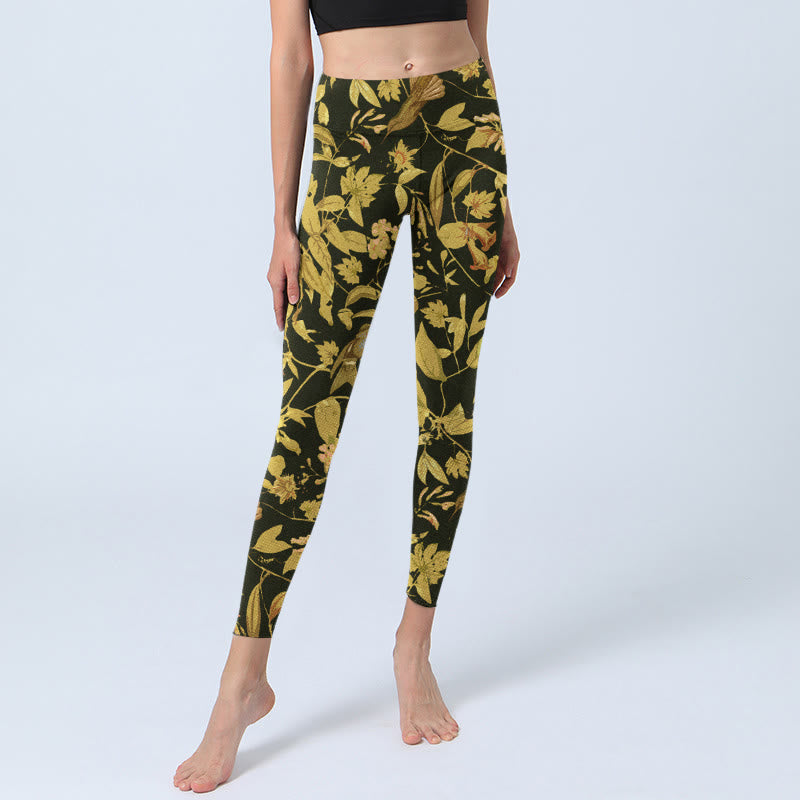 Luxurious Flower Leaf Bird Pattern Print Gym Leggings Women's Yoga Pants