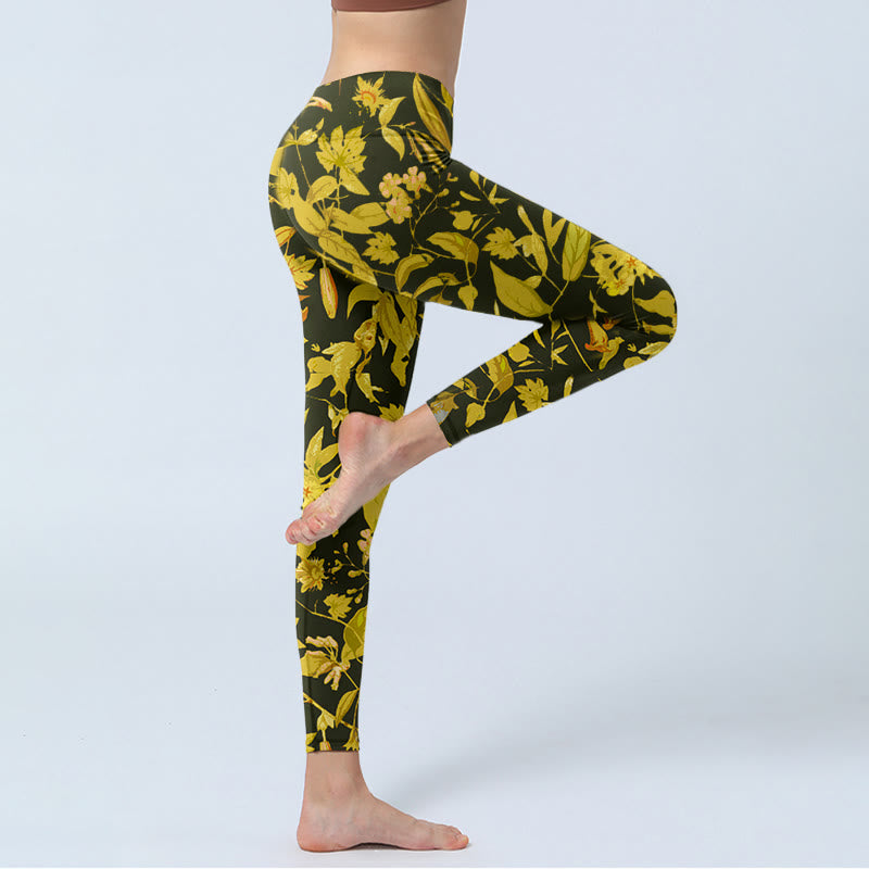 Luxurious Flower Leaf Bird Pattern Print Gym Leggings Women's Yoga Pants