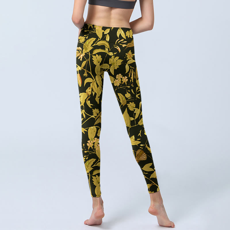 Luxurious Flower Leaf Bird Pattern Print Gym Leggings Women's Yoga Pants