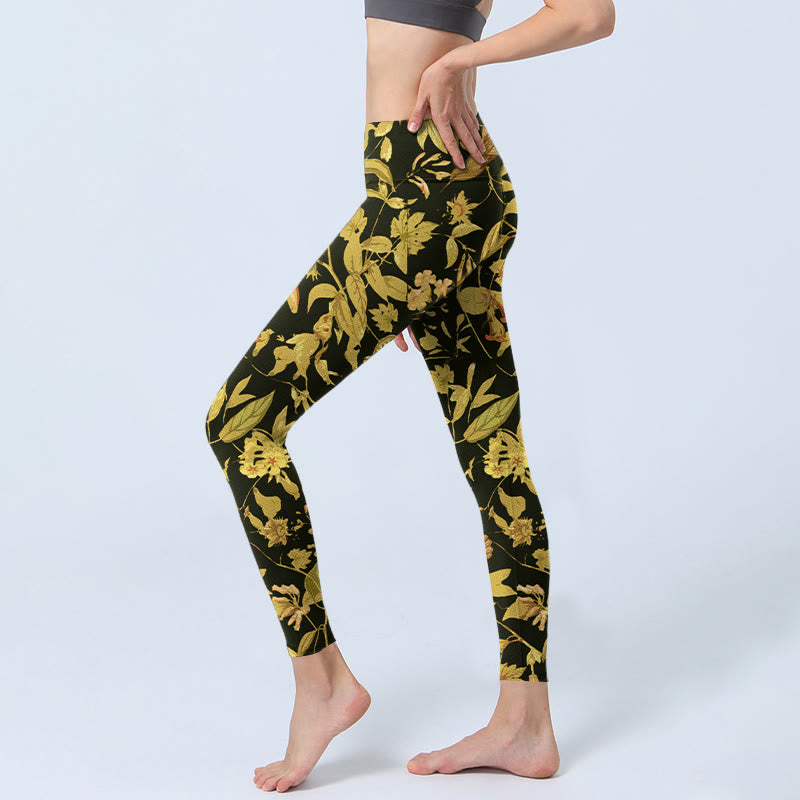 Luxurious Flower Leaf Bird Pattern Print Gym Leggings Women's Yoga Pants
