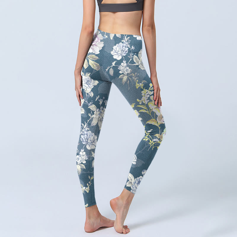 Softly Colored Flower Leaf Pattern Print Gym Leggings Women's Yoga Pants