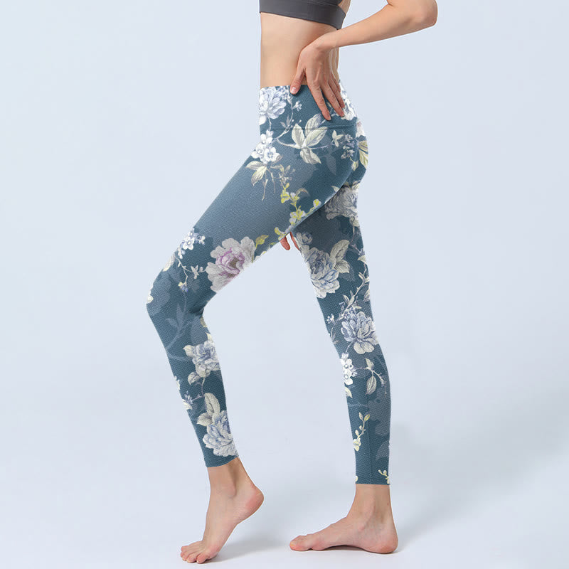 Softly Colored Flower Leaf Pattern Print Gym Leggings Women's Yoga Pants