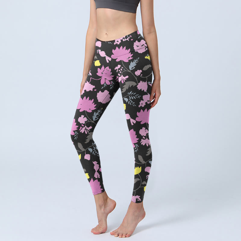 Watercolor Style Softly Colored Flower Leaf Pattern Print Gym Leggings Women's Yoga Pants