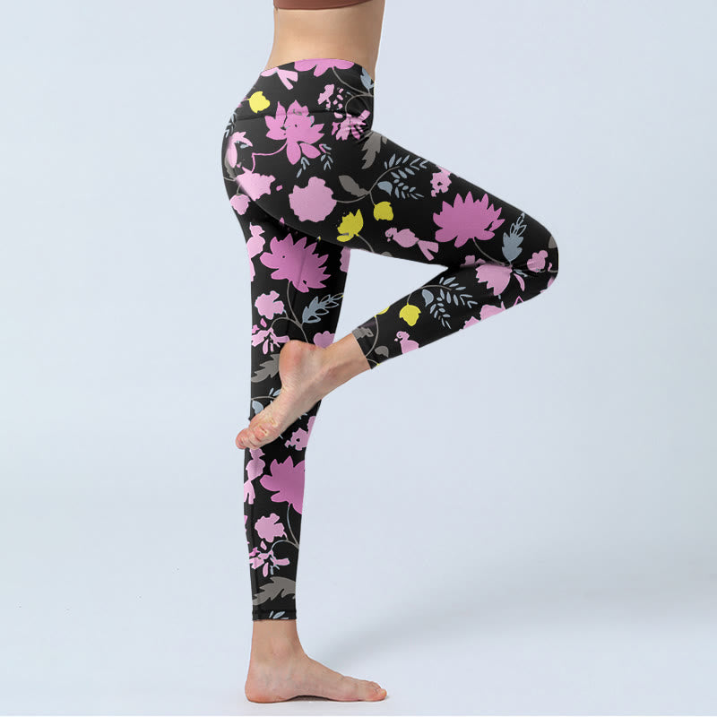 Watercolor Style Softly Colored Flower Leaf Pattern Print Gym Leggings Women's Yoga Pants