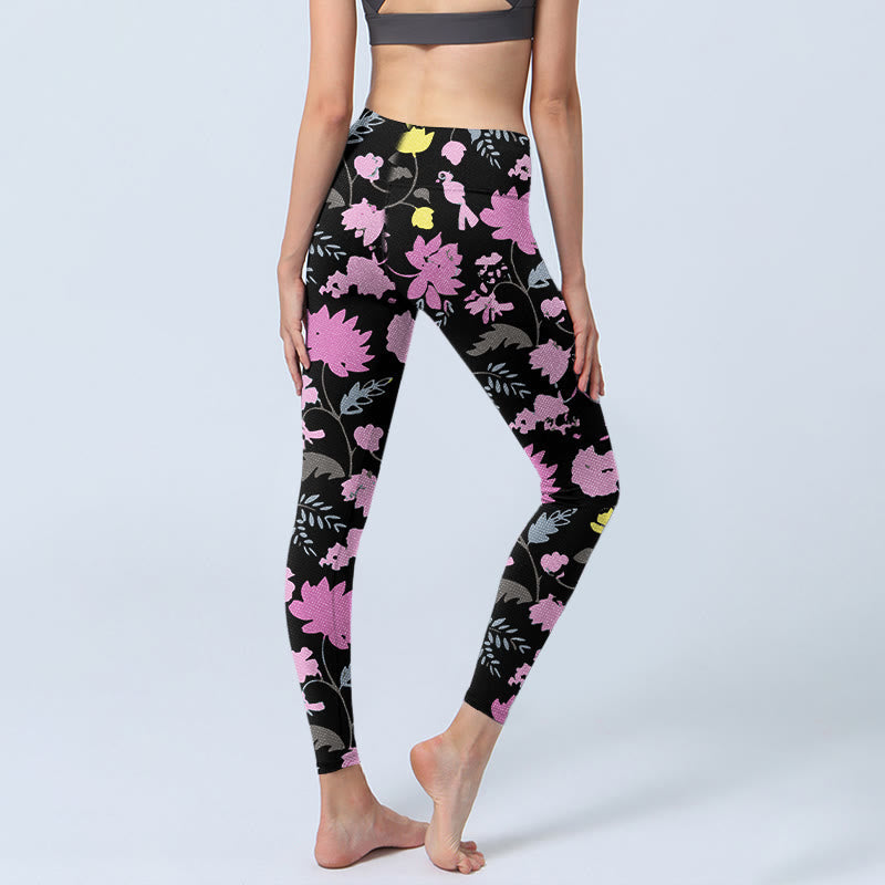 Watercolor Style Softly Colored Flower Leaf Pattern Print Gym Leggings Women's Yoga Pants