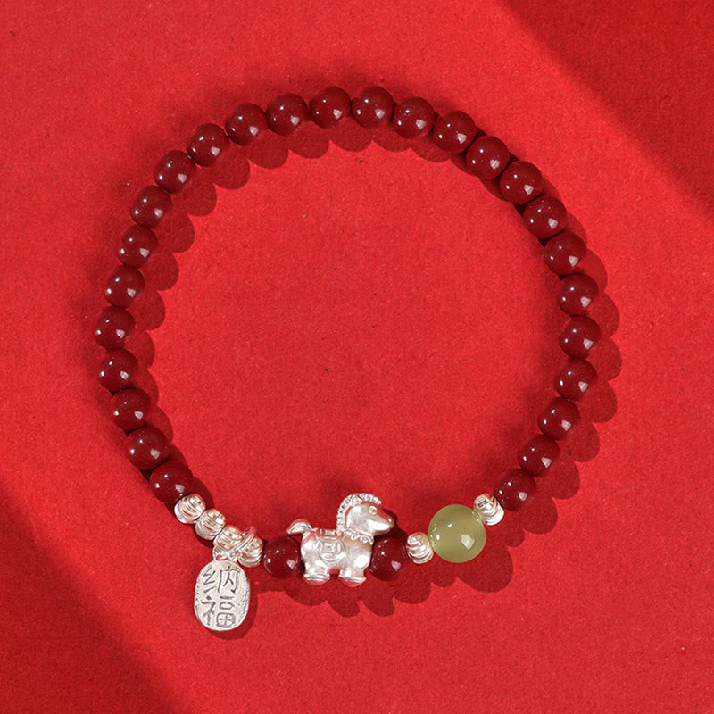 Year Of The Horse Cinnabar Hetian Jade 999 Sterling Silver Red String Concentration Bracelet