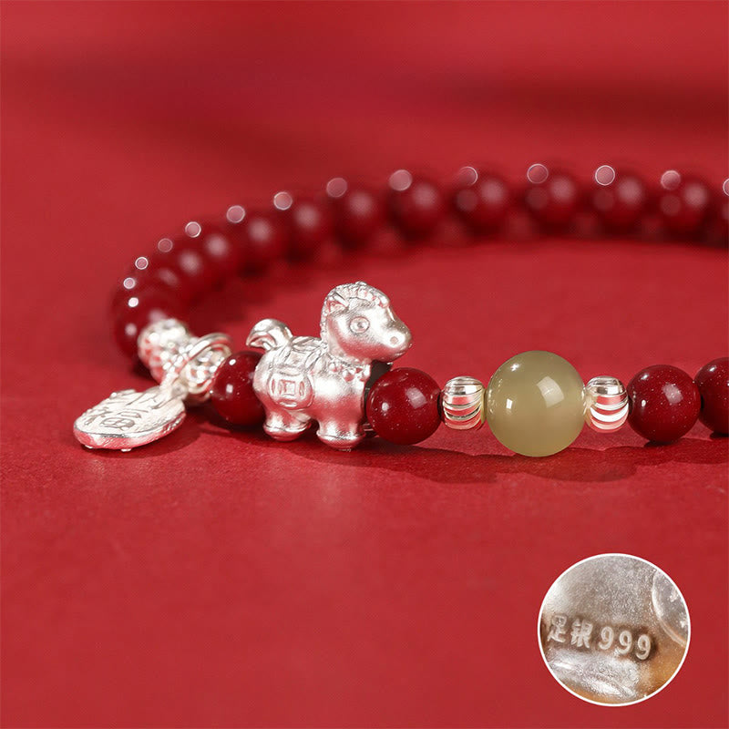 Year Of The Horse Cinnabar Hetian Jade 999 Sterling Silver Red String Concentration Bracelet