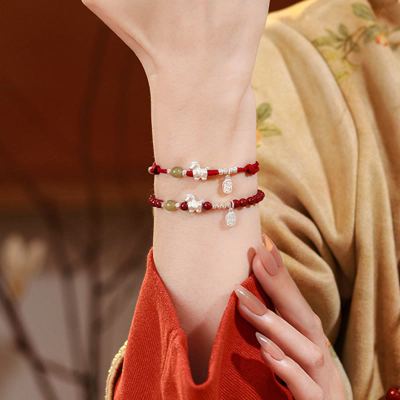 Year Of The Horse Cinnabar Hetian Jade 999 Sterling Silver Red String Concentration Bracelet