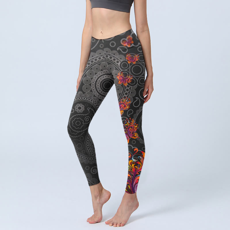 Strong Contrast Flower Paisley Pattern Gym Leggings Women's Yoga Pants