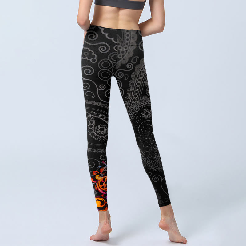 Strong Contrast Flower Paisley Pattern Gym Leggings Women's Yoga Pants