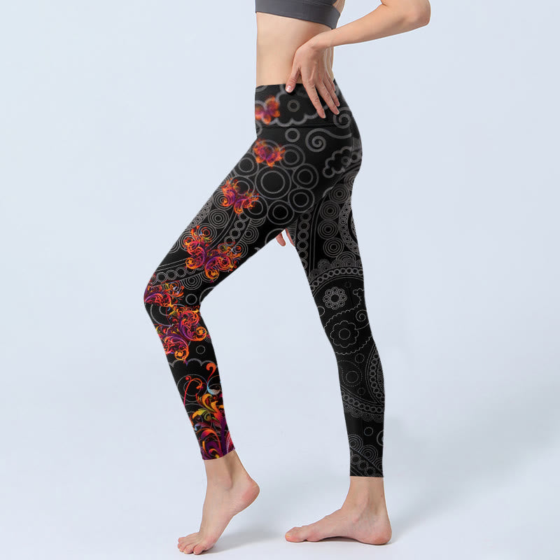 Strong Contrast Flower Paisley Pattern Gym Leggings Women's Yoga Pants