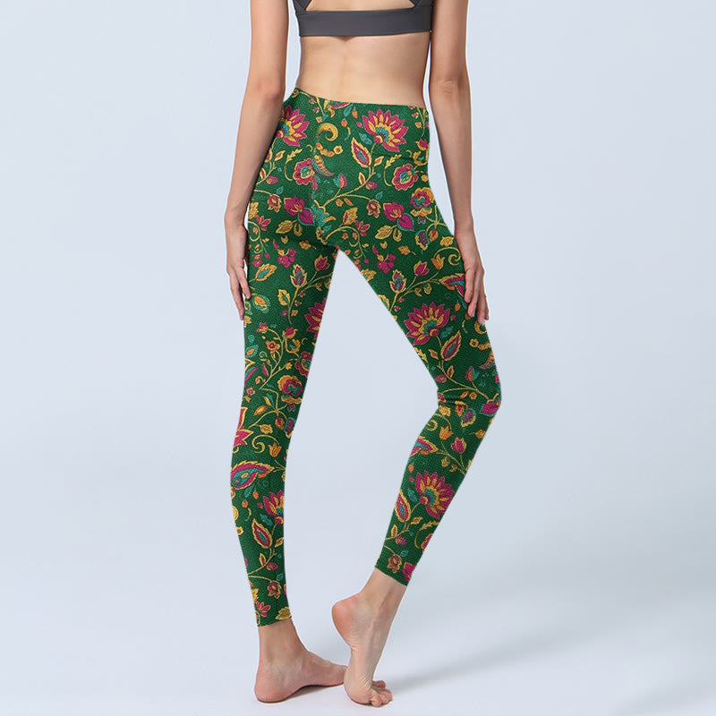 Brightly Colored Flower Leaf Pattern Gym Leggings Women's Yoga Pants