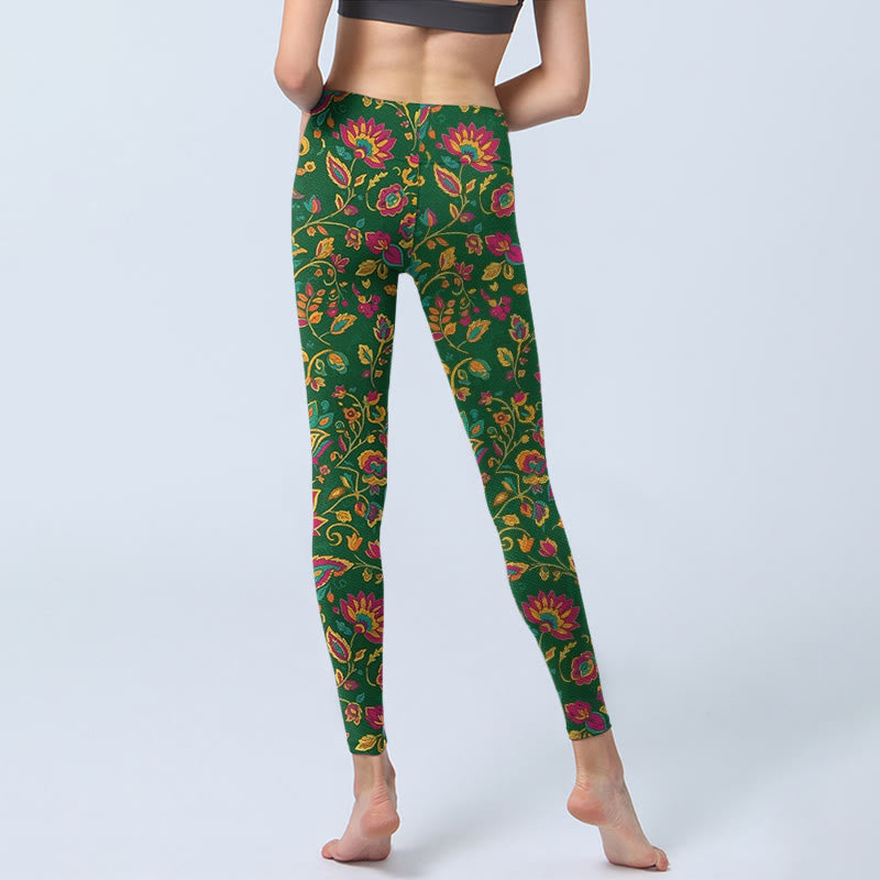 Brightly Colored Flower Leaf Pattern Gym Leggings Women's Yoga Pants