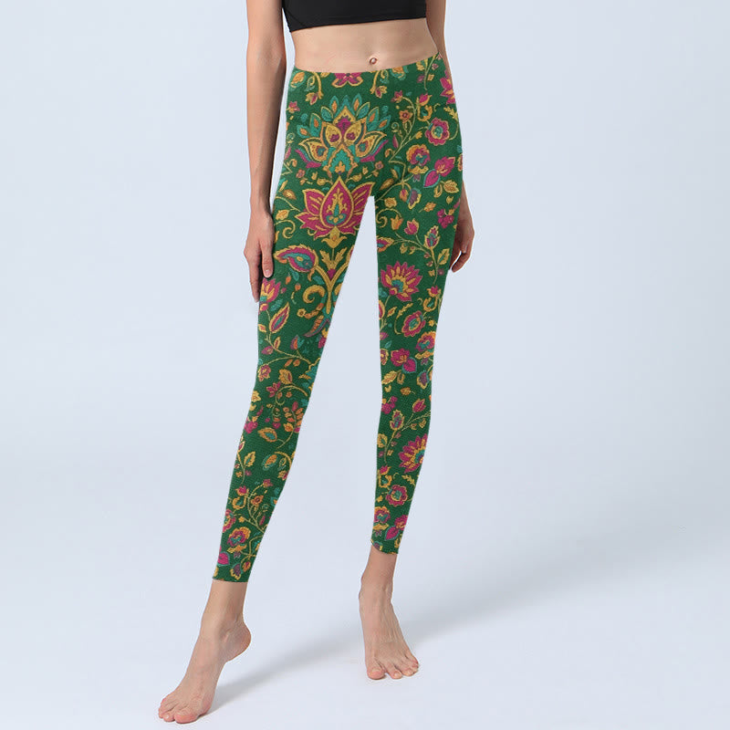 Brightly Colored Flower Leaf Pattern Gym Leggings Women's Yoga Pants