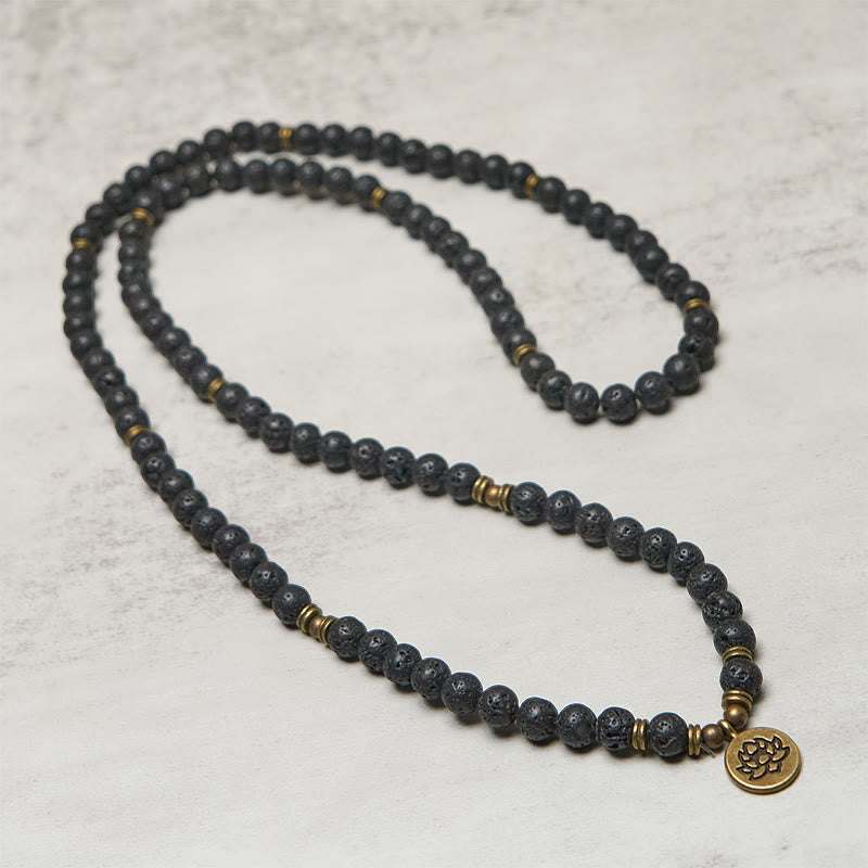 Retro Lotus Symbol Charm Lava Rock Bead New Beginning Mala