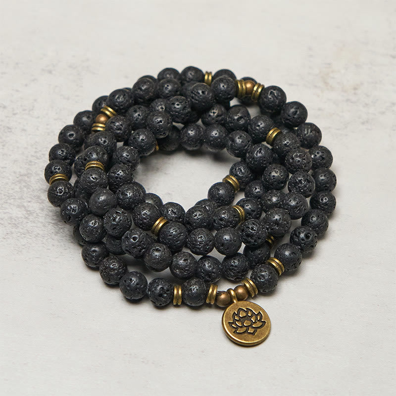 Retro Lotus Symbol Charm Lava Rock Bead New Beginning Mala