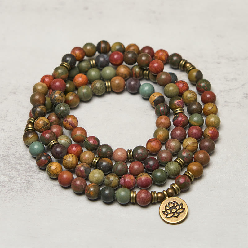 Retro Lotus Symbol Charm Round Bead Red Turquoise Warm Mala