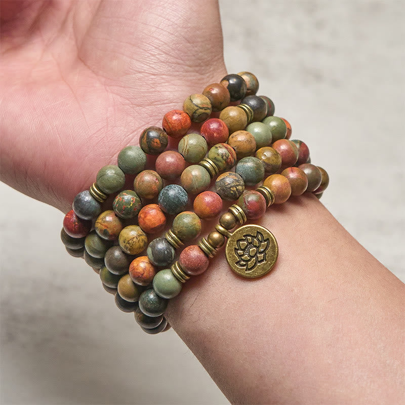 Retro Lotus Symbol Charm Round Bead Red Turquoise Warm Mala