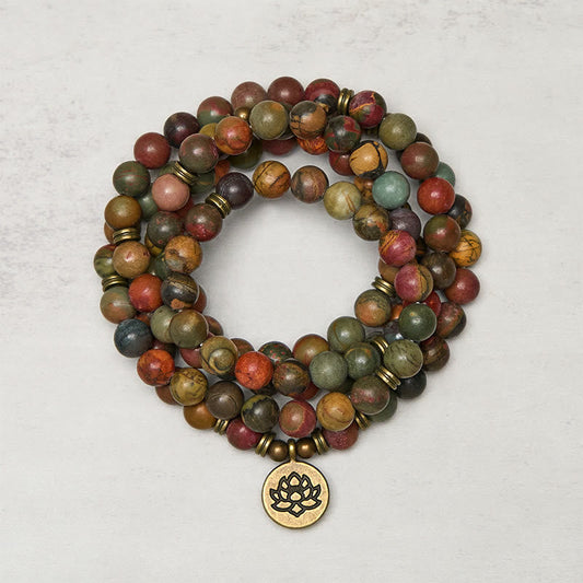 Retro Lotus Symbol Charm Round Bead Red Turquoise Warm Mala