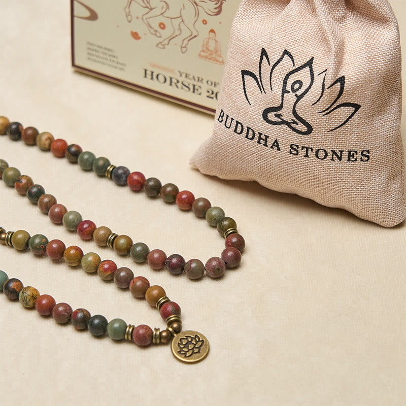 Retro Lotus Symbol Charm Round Bead Red Turquoise Warm Mala