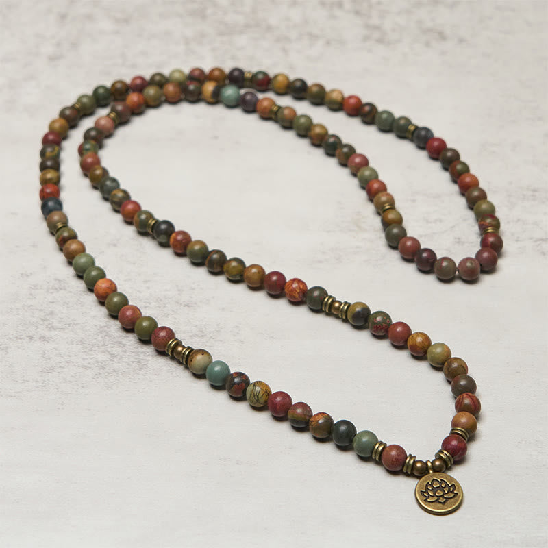 Retro Lotus Symbol Charm Round Bead Red Turquoise Warm Mala