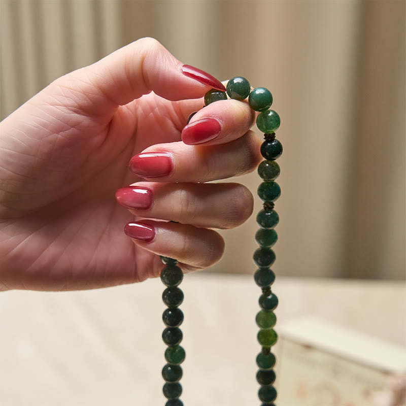 Lotus Symbol Charm Round Bead Moss Agate Mala
