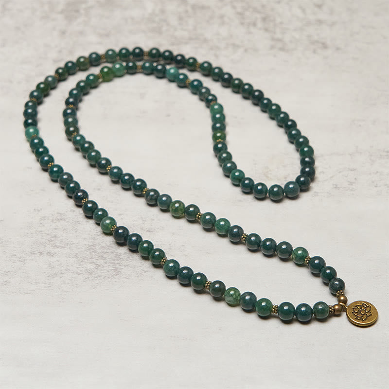 Lotus Symbol Charm Round Bead Moss Agate Mala
