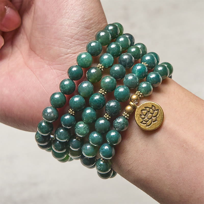 Lotus Symbol Charm Round Bead Moss Agate Mala