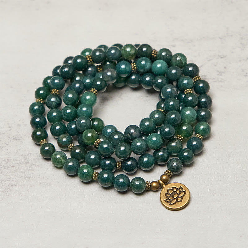 Lotus Symbol Charm Round Bead Moss Agate Mala