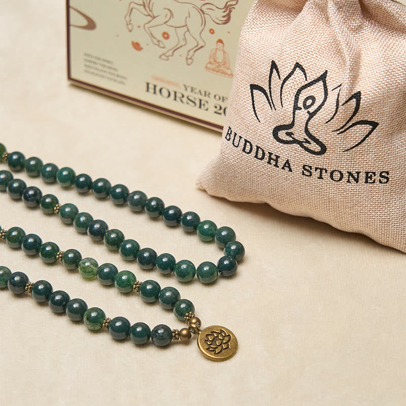 Lotus Symbol Charm Round Bead Moss Agate Mala