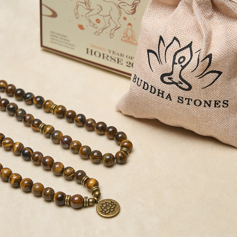 Lotus Symbol Tiger Eye Beaded Strength Mala