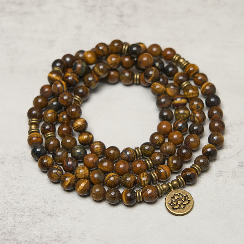 Lotus Symbol Tiger Eye Beaded Strength Mala