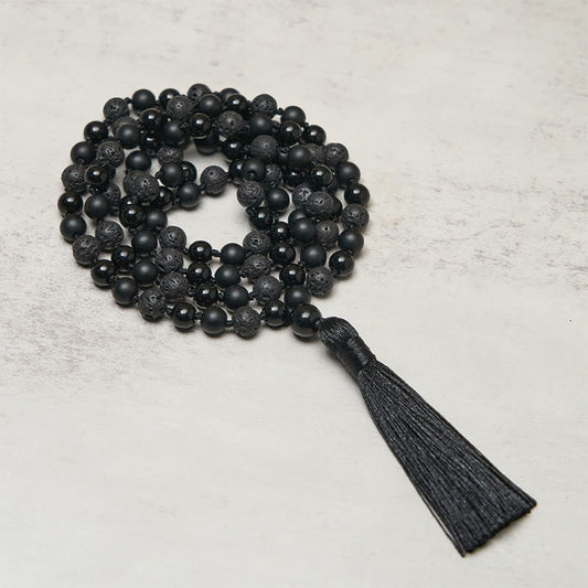 8mm Beads Black Onyx Lava Rock Tassel Protection Fortune Mala
