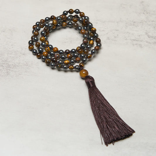 108 Beads Tiger Eye Hematite Tassel Courage Strength Mala