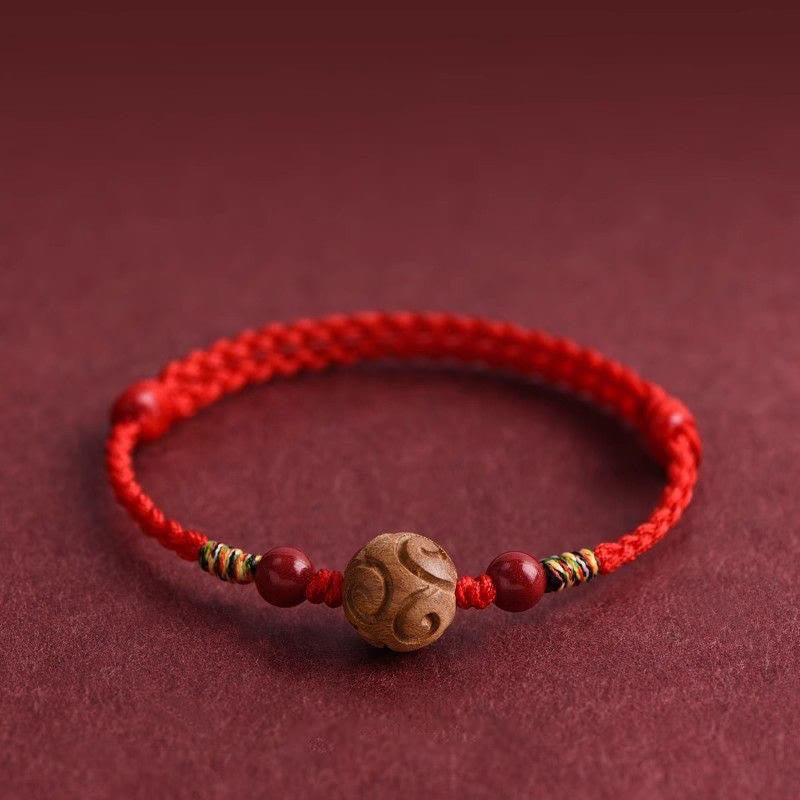 Carved Auspicious Pattern Natural Peach Wood Rope Luck Bracelet