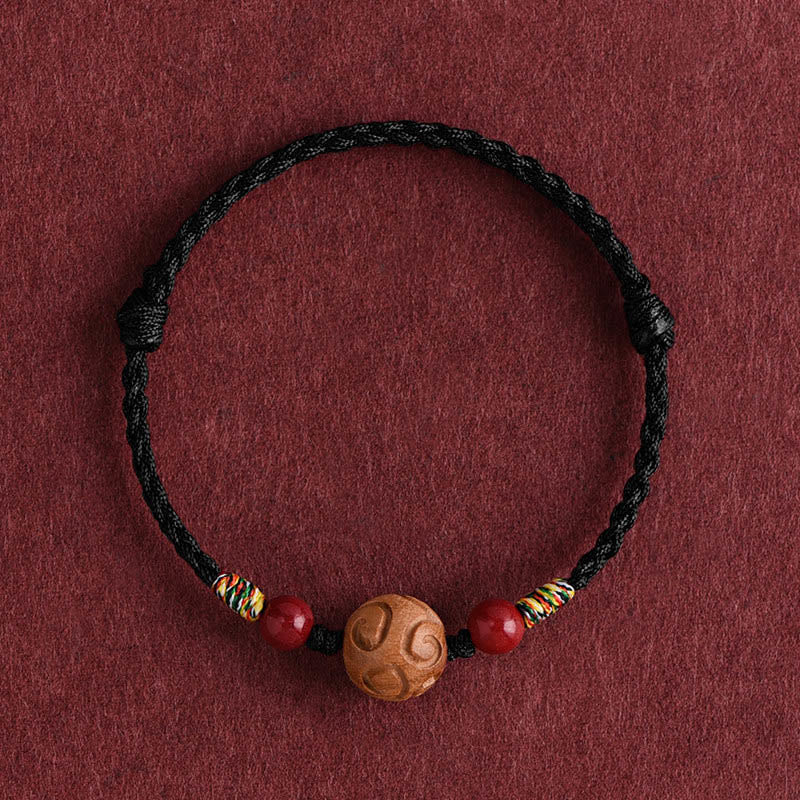 Carved Auspicious Pattern Natural Peach Wood Rope Luck Bracelet